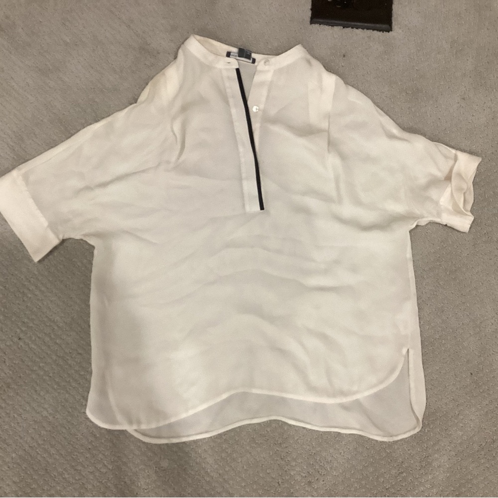 Vince White Sheer Split-Neck Blouse with Black Trim